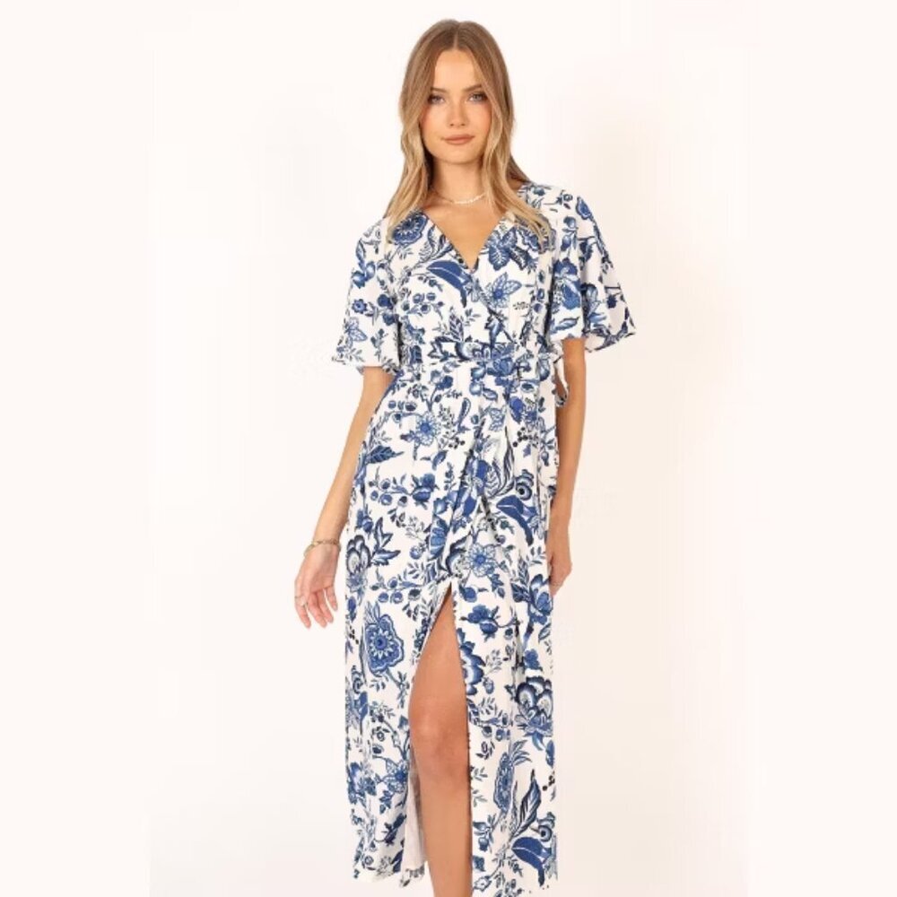 Petal & Pup Kaleen Blue & White Floral Midi Wrap Dress S - Picture 4 of 7